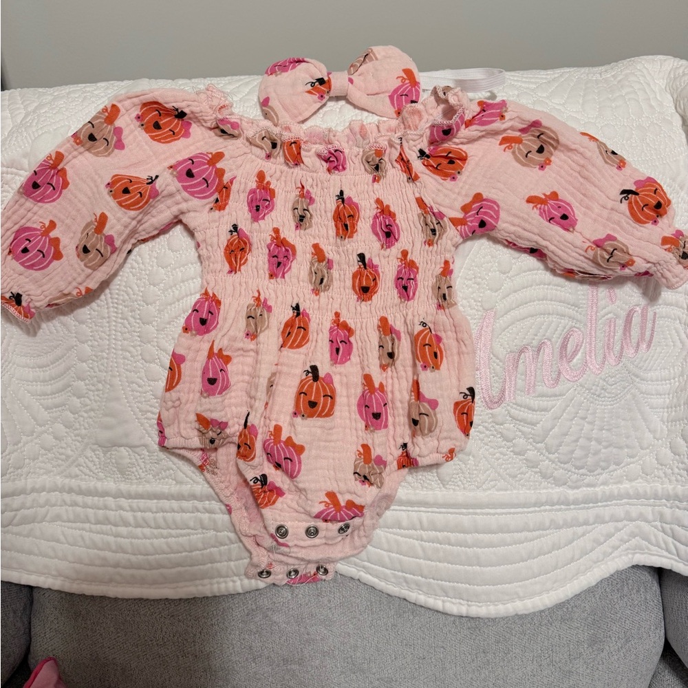 Adorable Pink Pumpkin Print Kids One Piece